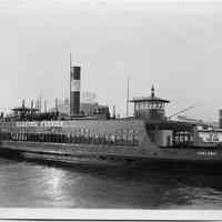 B+W photo of bow view looking NW of the ferry "Chelsea" berthed south of 14th St. ferry terminal, Hoboken, no date, ca. 1940.