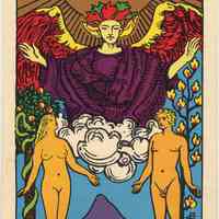 Handbill: Hair tarot card "The Lovers" issued to audiences during the Broadway production of the musical, New York, 1967-1968.