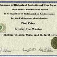 Awards, 7, from League of Historical Societies of NJ to HHM for 2008 publications, June 2009.