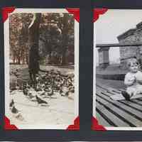          35; 36: handcolored photo woman & pigeons in park; baby seated on roof deck
   