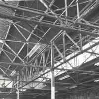 Digital image of B+W photo of former Maxwell House Coffee plant interior, Warehouse Building, detail roof structure, Hoboken, 2003.