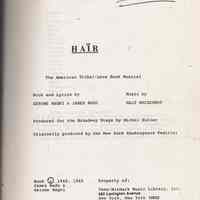Play script: HAIR: The... Rock Musical. Book & Lyrics by Gerome Ragni & James Rado. Tams-Witmark Music Library, copyright 1970; this copy ca. 1994.