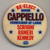 Political button: Re-elect Mayor Cappiello; Councilman-at-Large, Scrivani, Ranieri, Kennedy. (Hoboken, n.d., probably 1977 or 1981.)