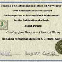          certificate 3: First Prize, Book, Greetings from Hoboken
   