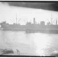 B+W photo of the starboard profile of unknown freighter, possibly near Hoboken, no date, ca. 1940.