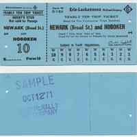 Ticket sample: Erie-Lackawanna R.R. Yearly 10 Trip Ticket; good for trips between Newark (Broad St.) & Hoboken. Form 10, D-118A; Oct. 12, 1971.