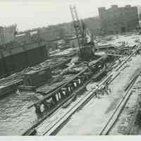          B+W photo of the construction of Pier 5 (formerly Pier 14) at the Bethlehem Steel Shipyard, Hoboken Division, Sept. 18, 1957. picture number 1
   