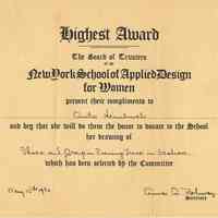 Certificate: Highest Award, N.Y. School of Applied Design for Women, for drawing done by Anita Heimbruch of Hoboken, May 15, 1930.