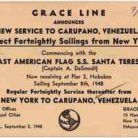 Postcard announcement: Grace Line service to Carupano, Venezuela, Sailing from Pier 3, Hoboken, Sept. 8, 1948. Issued Sept. 2, 1948.