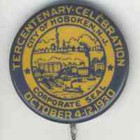 Hoboken Tercentenary button celebrating 300th anniversary of the purchase of Hoboken from the Indians, October 4-12, 1930.