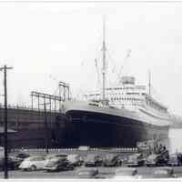 B+W digital print of photo of Holland America Lines, Pier 5, with an unidentifed passenger liner at berth, Hoboken, no date, ca. 1949.