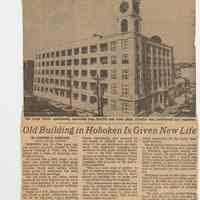 Newsclipping: "Old Building in Hoboken Is Given New Life." NYT Oct 28, 1976. re dedication of Clock Tower Apartments; former K&E building.