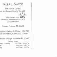 File with materials about Paula L. Cantor (nee Millenthal) art exhibition & Bergen County Youth Jewish Community Center, 2006.