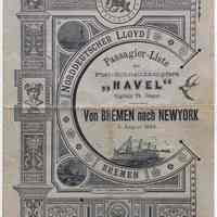 Passenger List, S.S. Havel, North German Lloyd Line. Bremen to New York. Aug. 7, 1894.