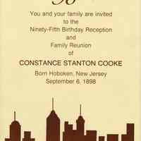 Invitation to 95th Birthday Reception & Family Reunion of Constance Stanton Cooke, September, 1993.