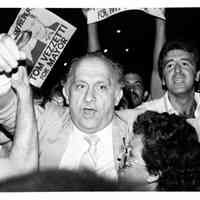 B+W photo of Tom Vezzetti with supporters on election night, Hoboken, [June 11, 1985].