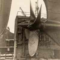 Image: S.S. American Trader, United States Lines, in dry dock, United Dry Dock Co., Fletcher Plant, Hoboken, N.J. showing propeller and rudder, no dat