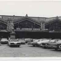 B+W photo of Erie-Lackawanna Hoboken Terminal west facade, ferry section & plaza Hoboken, n.d., ca.1960s.