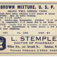 Printed label for medicine container, Brown Mixture, U.S.P., from Stemple Pharmacy, 266 Seventh St., Hoboken, no date, ca. 1940.