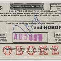 Ticket: Lackawanna R.R. Monthly Commutation; _______ & Hoboken; Aug. 1954; marked Void.