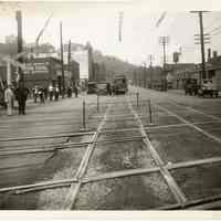 B+W photo looking north on Willow Ave. at 17th St.; streetcar tracks & freight rail crossing, Hoboken, n.d., (1927).