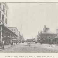 Printed B+W photograph of River Street looking North and the Post Office, Hoboken, ca. 1908.