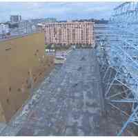 Color photo of back of Maxwell House Coffee sign support structure & rooftop, Hoboken, n.d., ca. 2000.