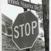 B+W photo of Stop sign and Frank Sinatra Dr. street sign , probably at Fourth or Fifth Sts., Hoboken, no date, ca. 1995-96.