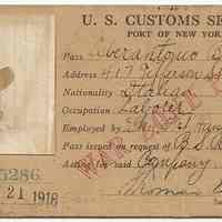 Photos of War Zone Pass, U.S. Customs Service, Port of New York issued to Liberantonio Bonsanto, 417 Jefferson St., Hoboken, N.J., May 21, 1918.