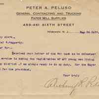 TLS to City Clerk Daniel A. Haggerty from Anthony R. Peluso, May 10, 1917, re volunteering service for draft registration in his district.