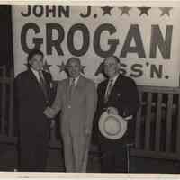 B+W photo of John J. Grogan (left) with 2 unidentified men, Hoboken, no date, ca. late 1940