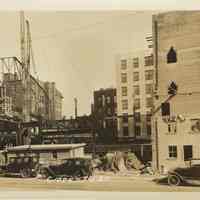 Sepia-tone photo of steel frame erection & fireproof stage house for the Fabian Theatre, Newark & Washington Sts., Hoboken, March 6, 1928.