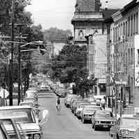 B+W photo view looking west on Fifth St. towards Hoboken Public Library, Hoboken, no date (ca. 1968-72).