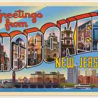 Postcard: "Greetings from Hoboken, New Jersey" 2008 revision of 2005 postcard by Hoboken artist Raymond Smith, Hoboken, 2008.