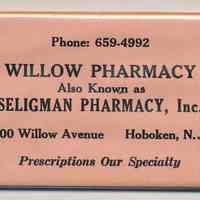 Pocket mirror advertising Willow Pharmacy; Seligman Pharmacy, 900 Willow Ave., Hoboken, no date, ca. 1950-60.