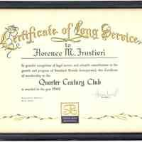          Certificate of Long Service to Florence M. Frustieri; 25 years Standard Brands, Inc., Hoboken, 1965. picture number 1
   