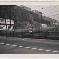 B+W photo of trolley car, Summit Ave. Line?, on Hillside Road tracks near 14th St. viaduct, Hoboken, n.d, ca. Oct. 1945.