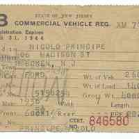 New Jersey commerical vehicle registration issued to Nicolo (Nicola) Principe, 406 Madison St., Hoboken, 1943.