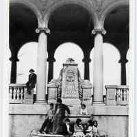 B+W photo of Columbus Park pavilion with children, Hoboken, n.d., early 1970s.