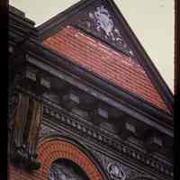          Color slide of detail view of pediment, cornice, bracket, dentils and brick semicircular arches at 814 Willow between 8th and 9th picture number 1
   