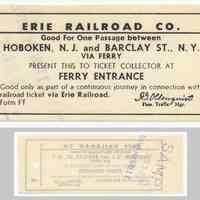 Ticket, transportation, sample: Erie R.R. for ferry between Hoboken, N.J. & Barclay St., N.Y. Created ca. 1956-1960.