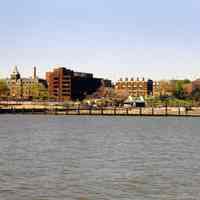 Color photo of Frank Sinatra Memorial Park taken from on the Hudson River, Hoboken, Spring 1999.