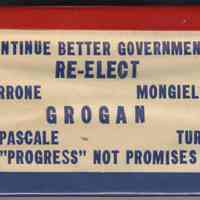 Digital image: Pin, Re-Elect Grogran, Hoboken, no date, ca.1957 or 1961.