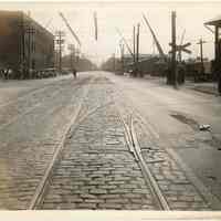 B+W photo looking south on Willow Ave. & 17th St.; streetcar tracks & freight rail crossing, Hoboken, n.d., (1927).