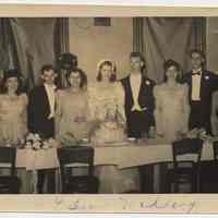 Black-and-white posed photo of wedding party of Eileen (Smith) Thiel & Gene Thiel, n.p., n.d., ca. 1950?