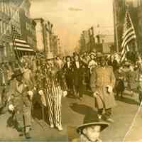 Color copy photo of a sepia-tone photo of a costume parade on an unidentified street, Hoboken, no date, ca. 1930-1940.