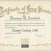          Certificate of Long Service to Florence M. Frustieri; 25 years Standard Brands, Inc., Hoboken, 1965. picture number 2
   