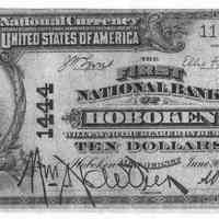          First National Bank of Hoboken, currency, ten dollars, 1905
   