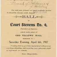 Invitation from Court Stevens No. 9, Foresters of America, to Board of Alderman of Hoboken to attend 26th annual ball, April 6, 1907.