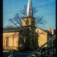          Color slide of eye-level view of Community Church of Hoboken façade and steeple at 600 Garden on the corner of Garden and 6th picture number 1
   